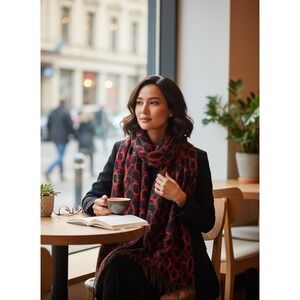 Pashmina 100% Pashmina Scarf Red Black Geometric Chain Link Fringe Wrap Shawl